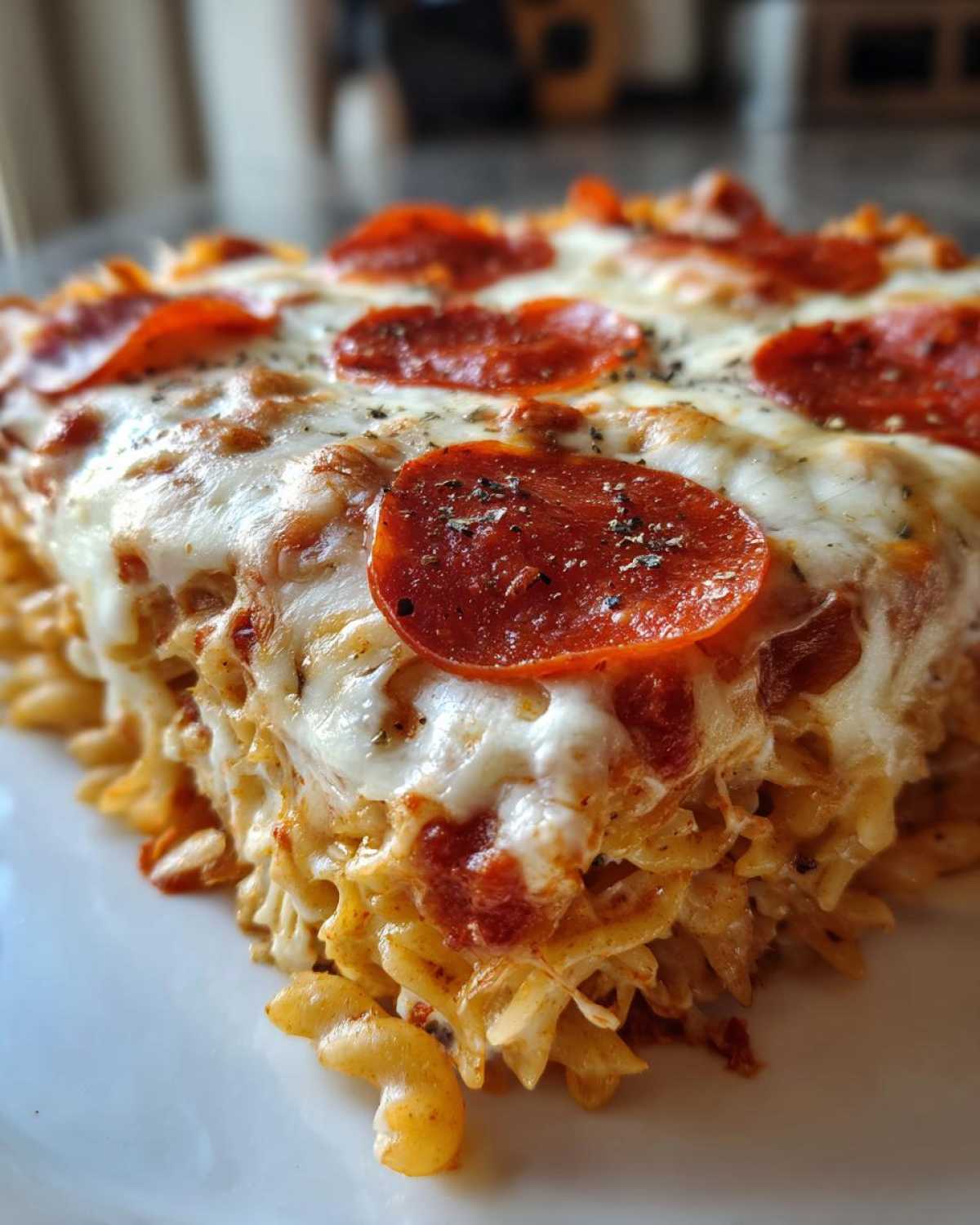 A close-up, macro shot of a serving of baked pizza pasta topped with melted mozzarella and pepperoni slices.