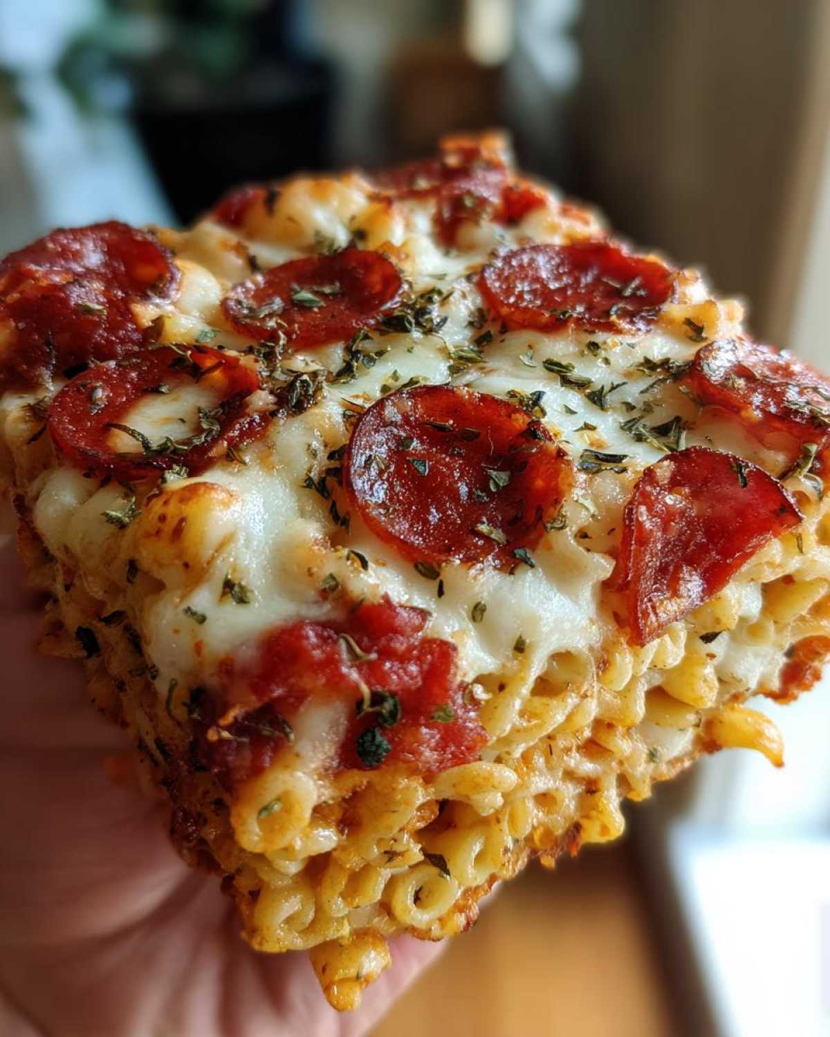 Close-up of a square slice of baked pizza pasta casserole topped with melted cheese, herbs, and pepperoni.
