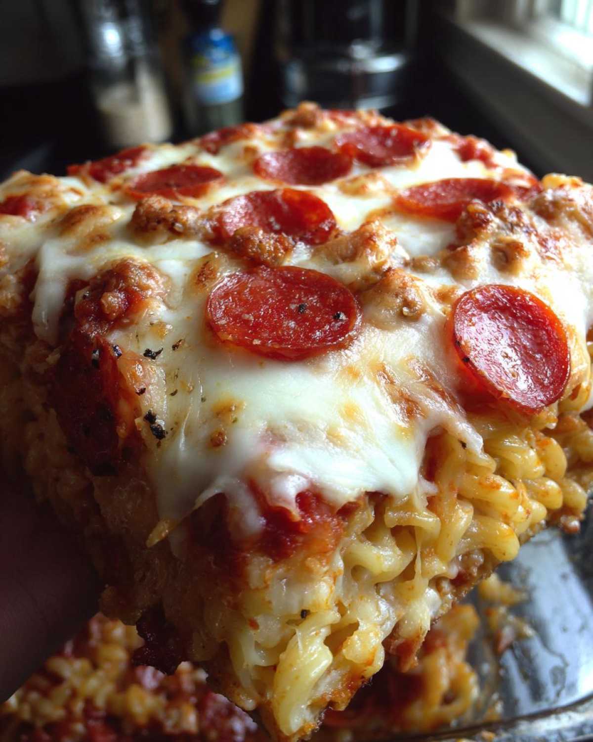 Close-up of a thick slice of baked pizza pasta topped with melted mozzarella, pepperoni, and sausage.