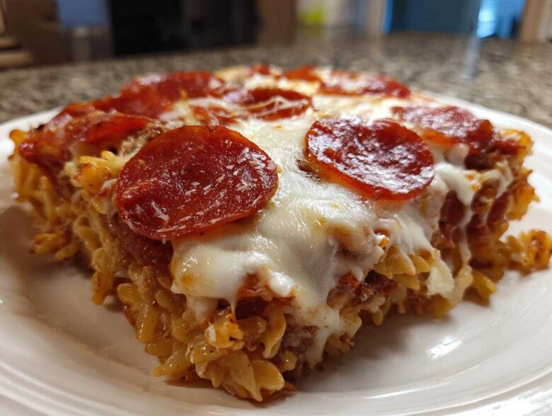 A close-up of a serving of baked pizza pasta, topped with melted mozzarella and pepperoni slices.