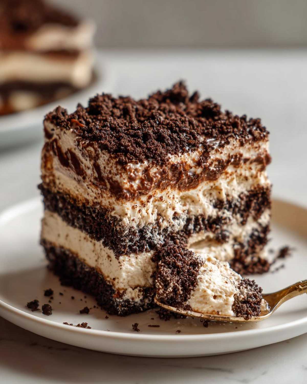 Close-up of a layered slice of amazing oreo dirt cake showing cream and chocolate cookie layers, with a spoonful being lifted.