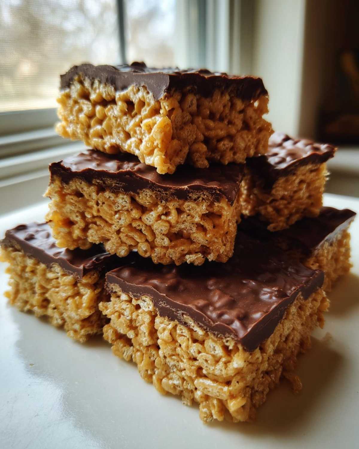 A stack of homemade peanut butter rice krispie treats topped with a layer of melted chocolate.