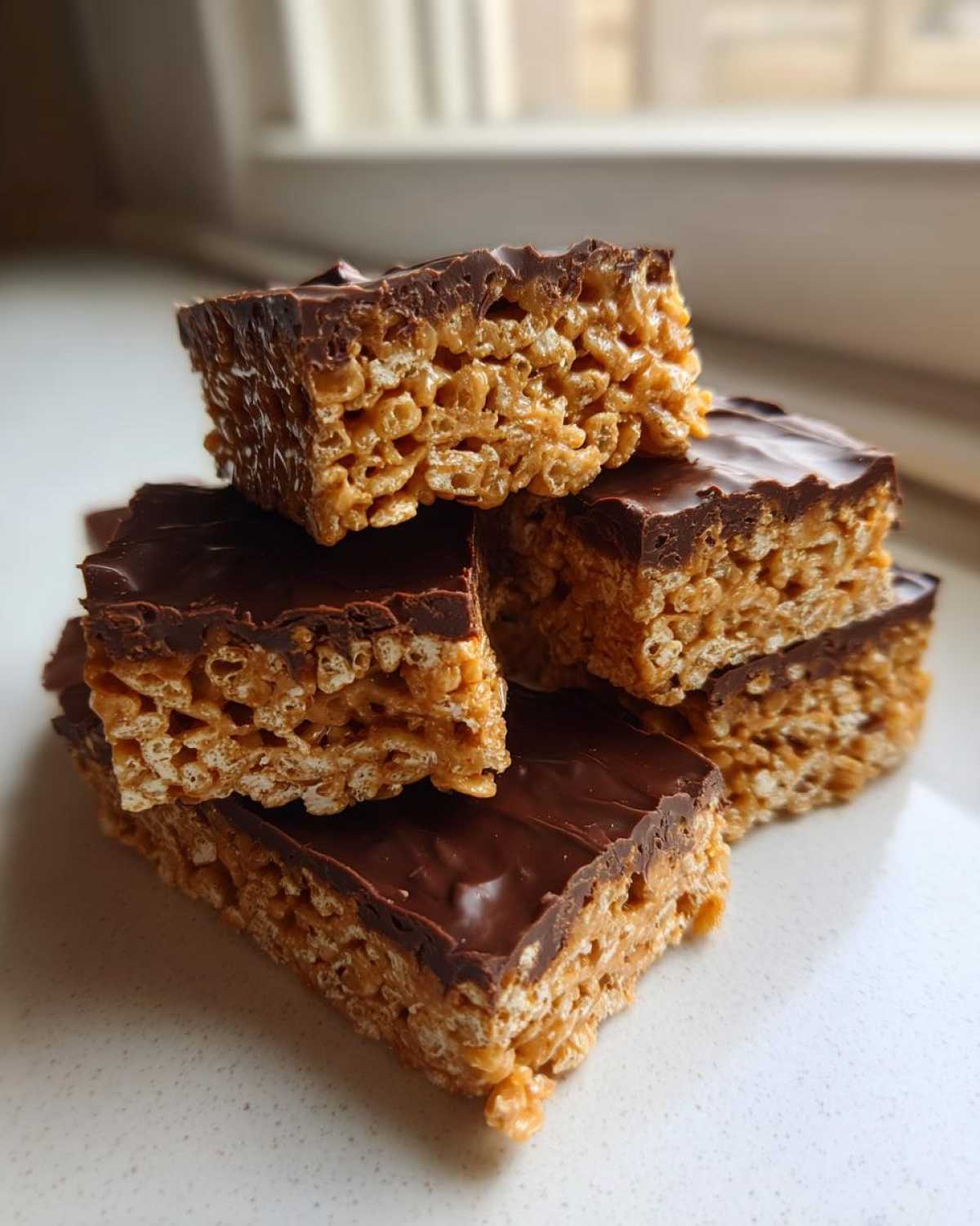 A stack of rich peanut butter rice krispie treats topped with a thick layer of melted chocolate.