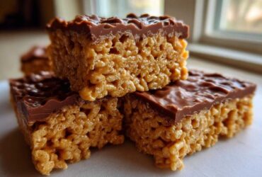 Close-up of stacked peanut butter rice krispie treats topped with a thick layer of melted chocolate.