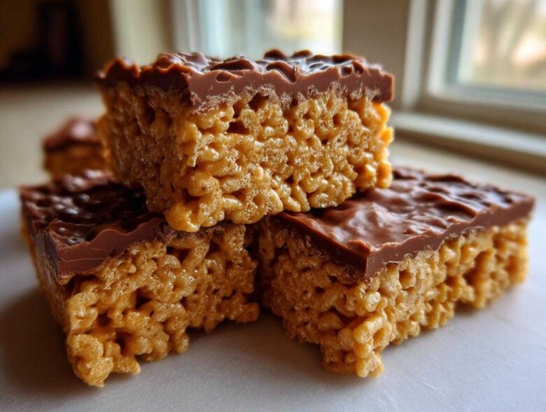 Close-up of stacked peanut butter rice krispie treats topped with a thick layer of melted chocolate.