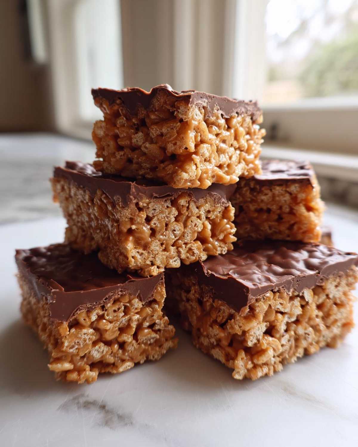 A stack of five rich peanut butter rice krispie treats topped with a layer of melted chocolate.