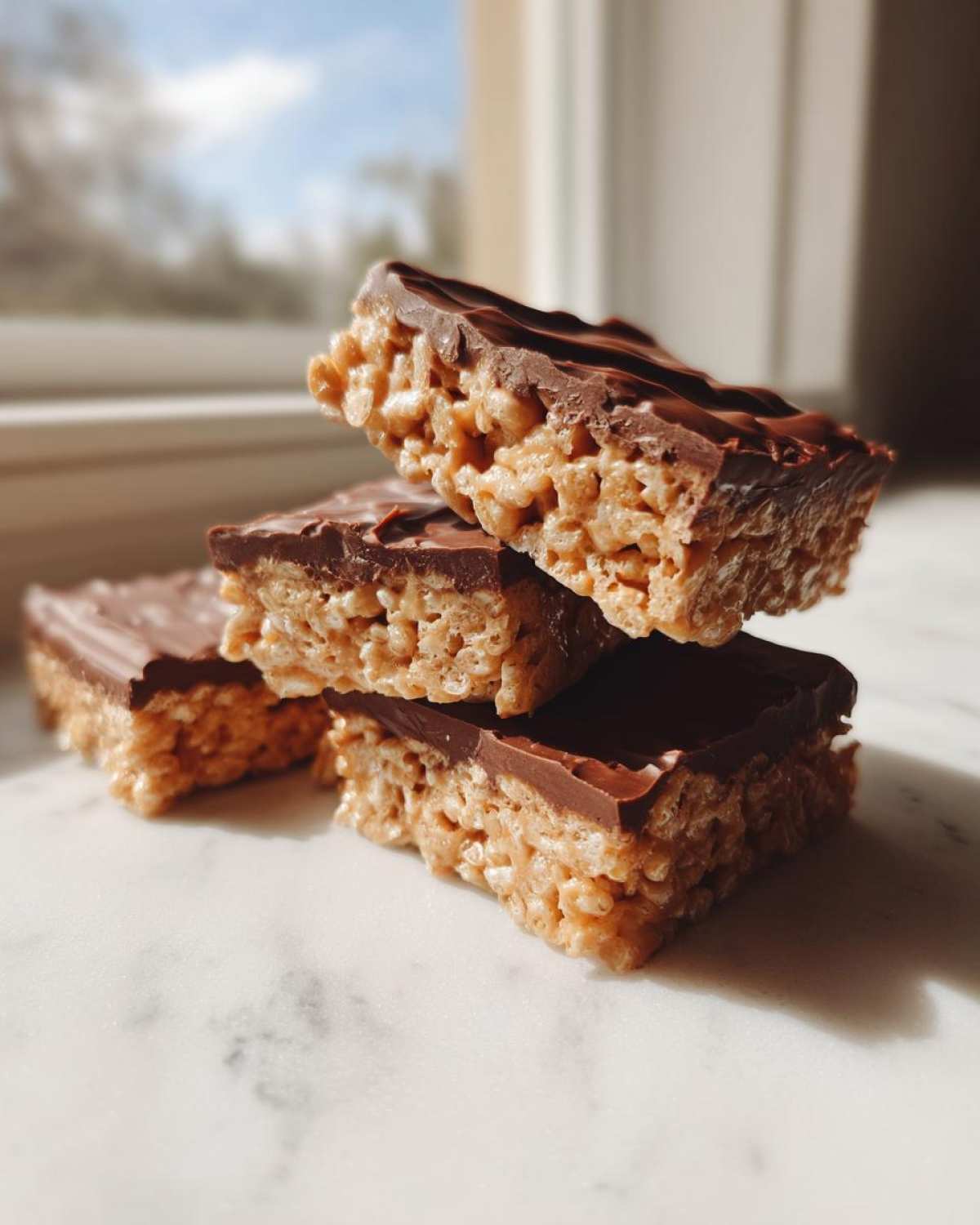 A stack of three rich peanut butter rice krispie treats topped with a layer of melted chocolate, set against a bright window.