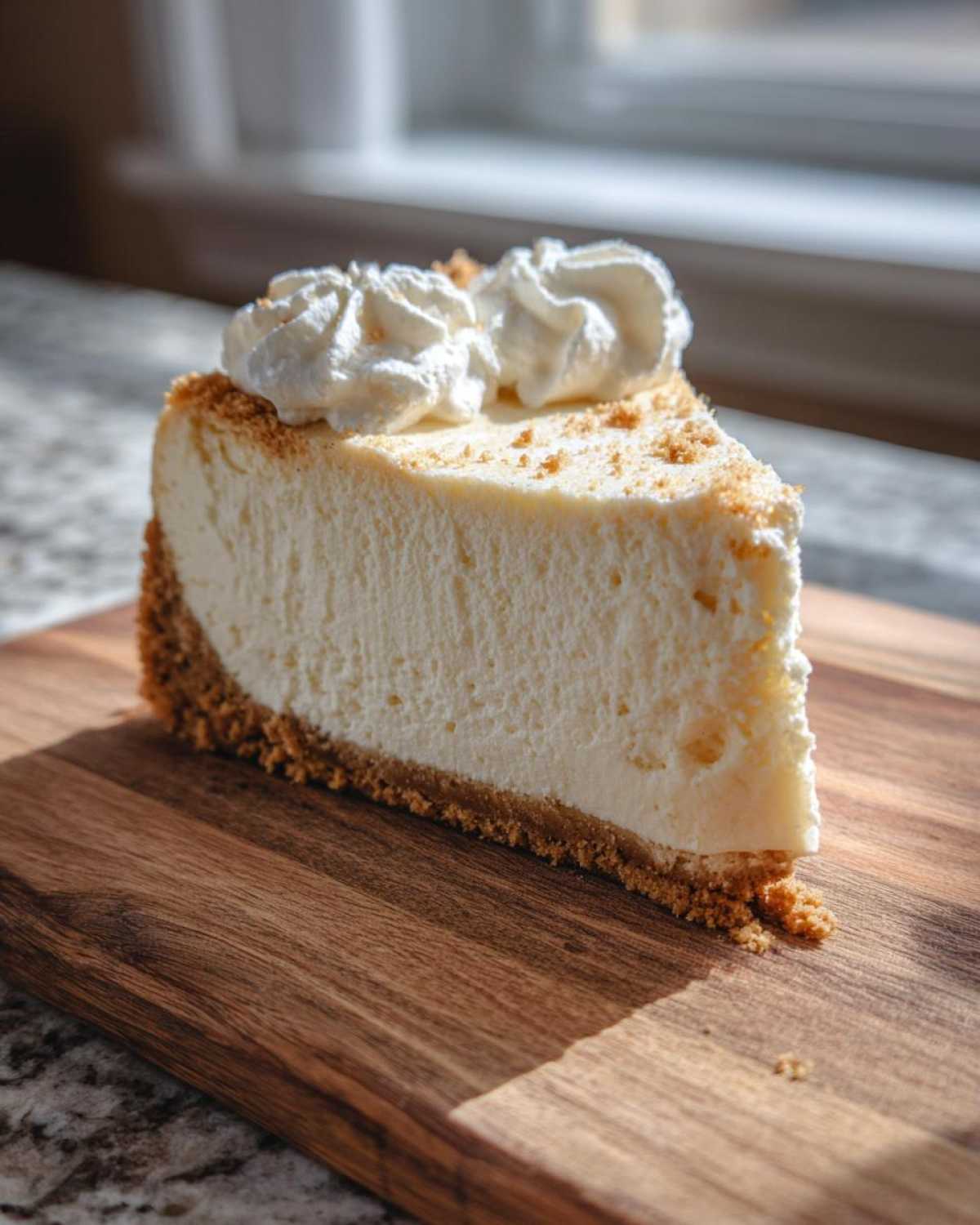 A perfect slice of creamy cheesecake recipe resting on a wooden board, topped with whipped cream.
