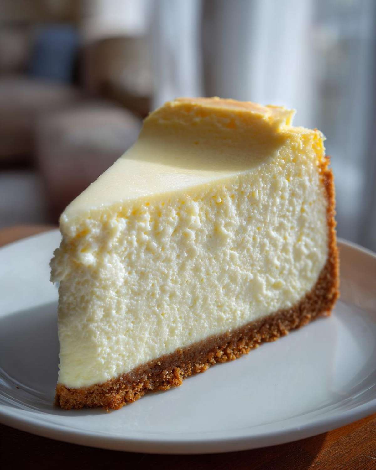 A perfect, tall slice of classic cheesecake with a thick graham cracker crust on a white plate.