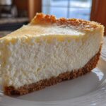 A close-up of a thick, creamy slice of classic cheesecake recipe on a white plate.