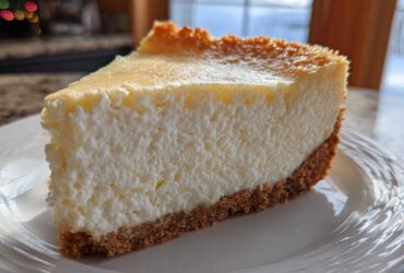 A close-up of a thick, creamy slice of classic cheesecake recipe on a white plate.