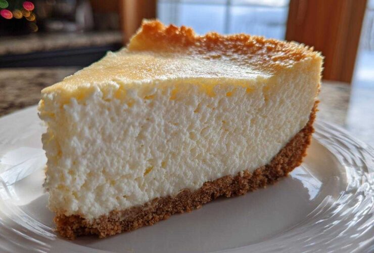 A close-up of a thick, creamy slice of classic cheesecake recipe on a white plate.