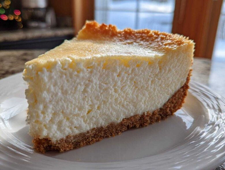 A close-up of a thick, creamy slice of classic cheesecake recipe on a white plate.