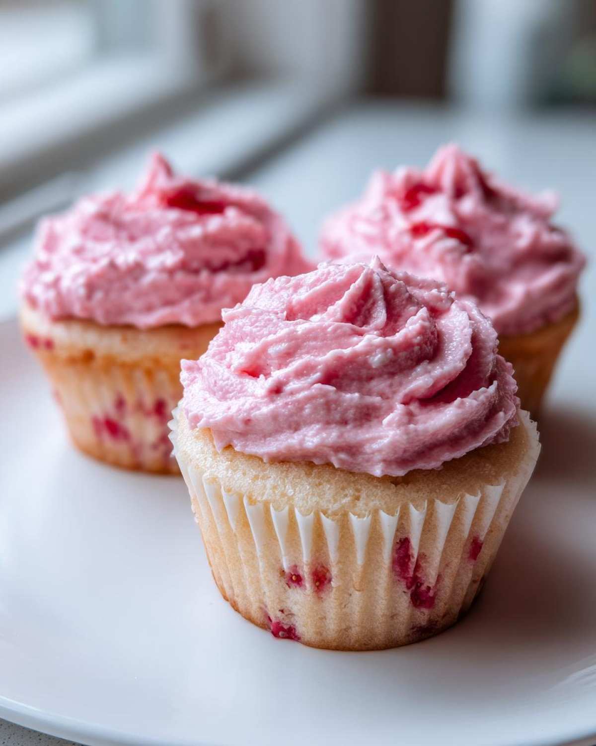 Three delicious strawberry cupcakes with bright pink frosting sitting on a white plate.