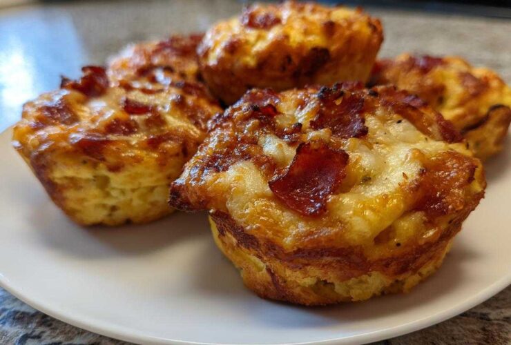 Close-up of several golden-brown Pizza Muffins topped with melted cheese and crispy pepperoni pieces, served on a white plate.