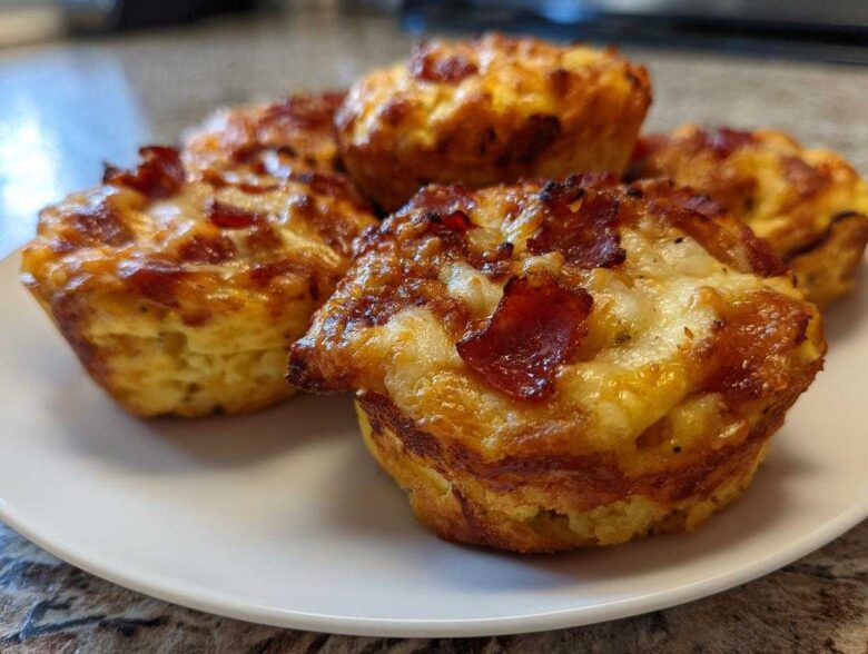Close-up of several golden-brown Pizza Muffins topped with melted cheese and crispy pepperoni pieces, served on a white plate.