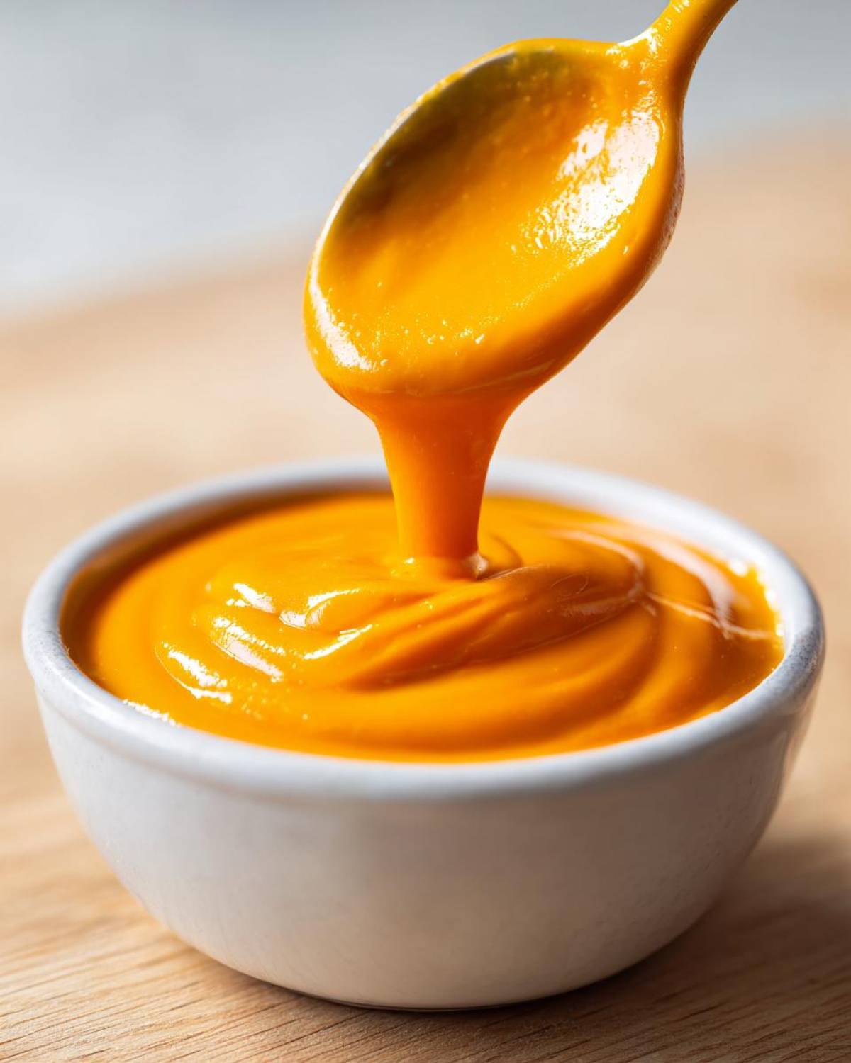 Close-up of thick, bright orange nacho cheese sauce being drizzled from a spoon into a small white bowl.