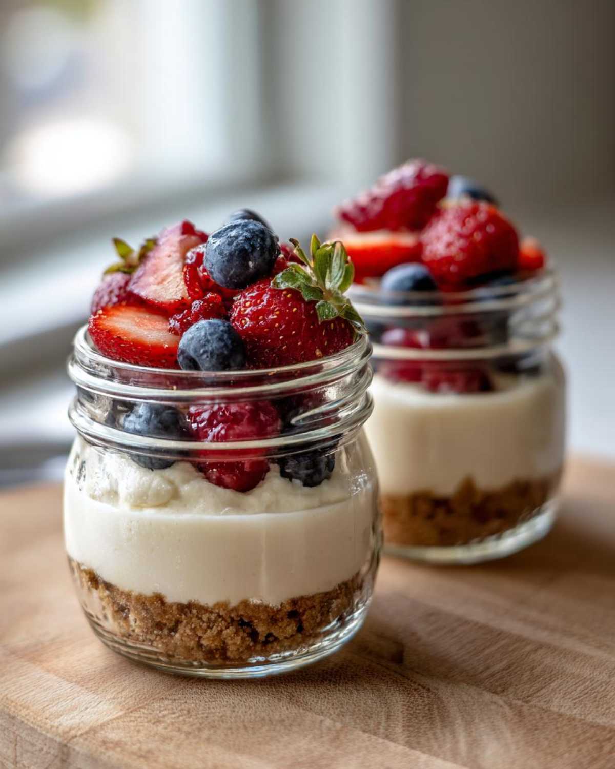 Two individual servings of Protein Cheesecake layered in small glass jars, topped with fresh strawberries and blueberries.