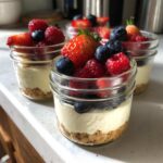 Close-up of individual Protein Cheesecake servings layered with graham cracker crust and topped with fresh strawberries, blueberries, and raspberries.