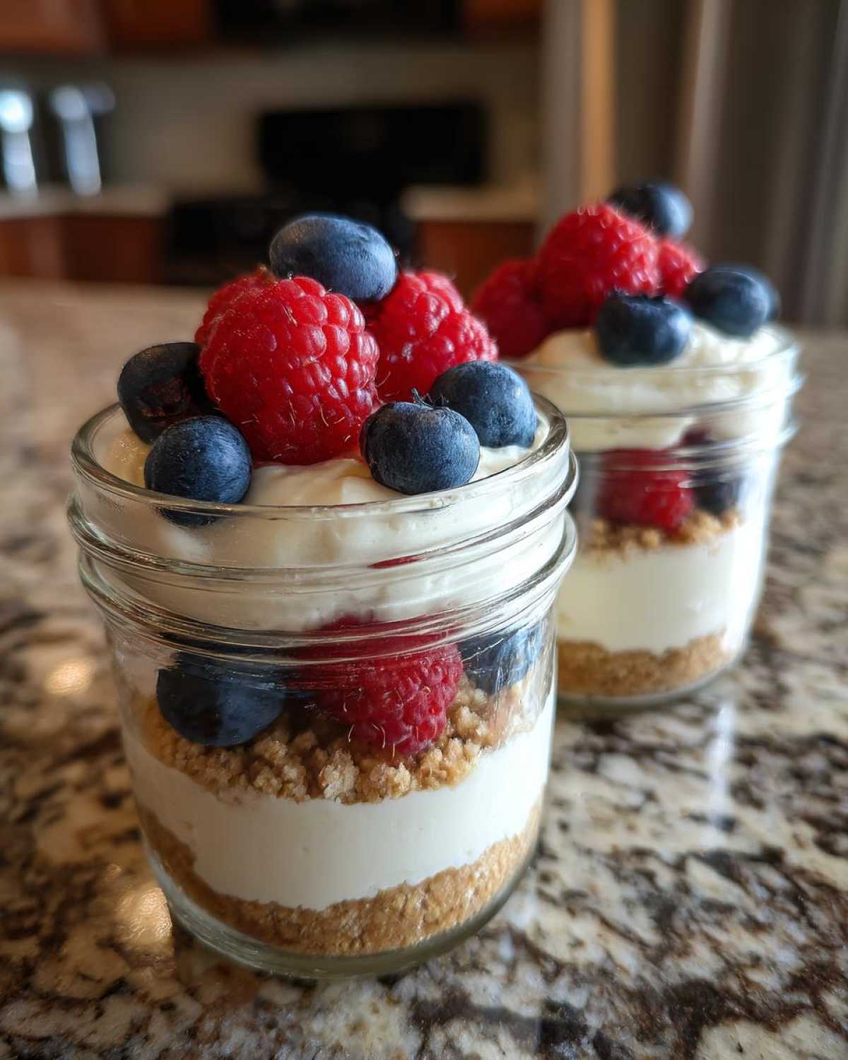 Two individual servings of Protein Cheesecake layered in small jars, topped with fresh raspberries and blueberries.