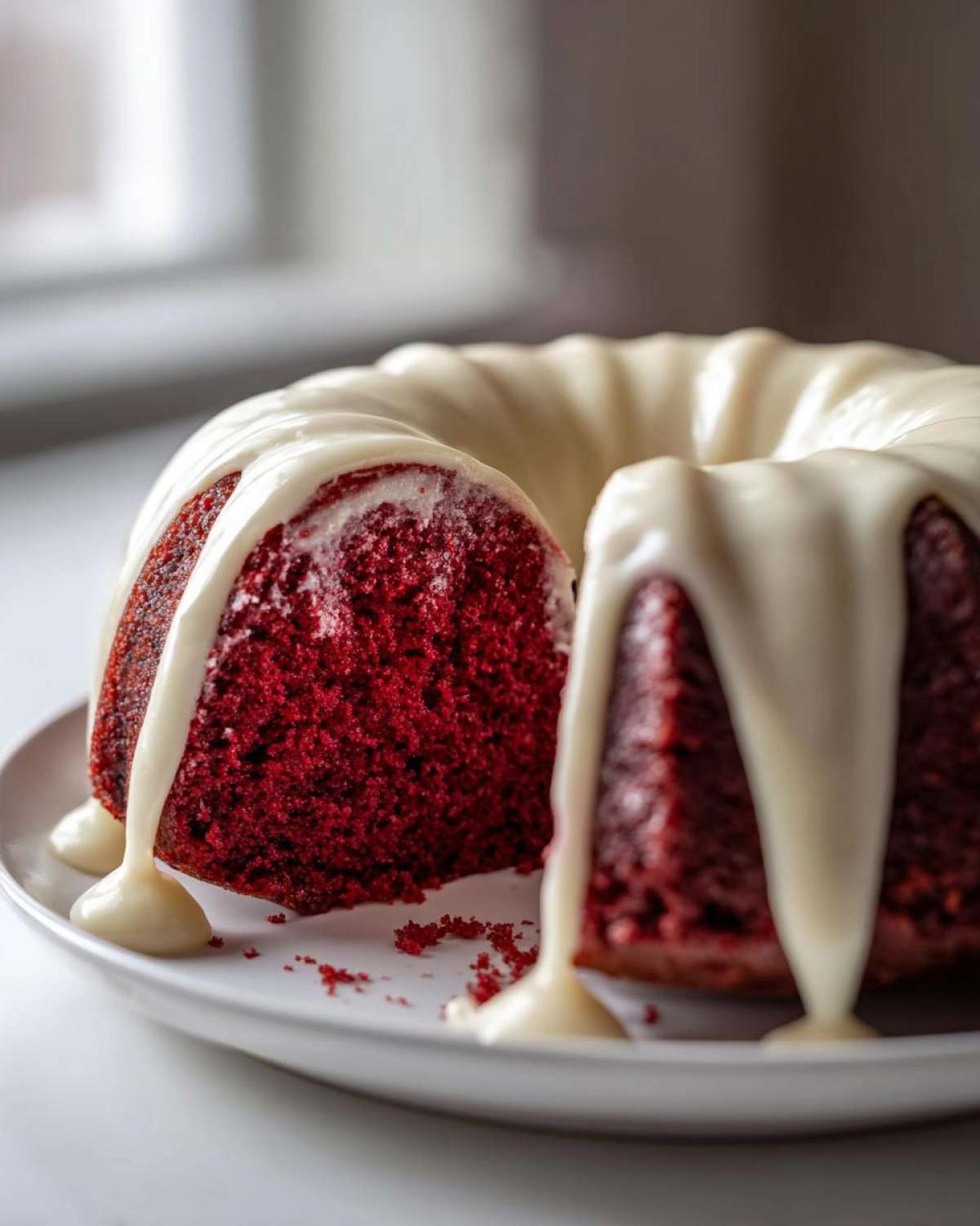 A slice cut from a vibrant red velvet bundt cake topped with thick, dripping cream cheese glaze.