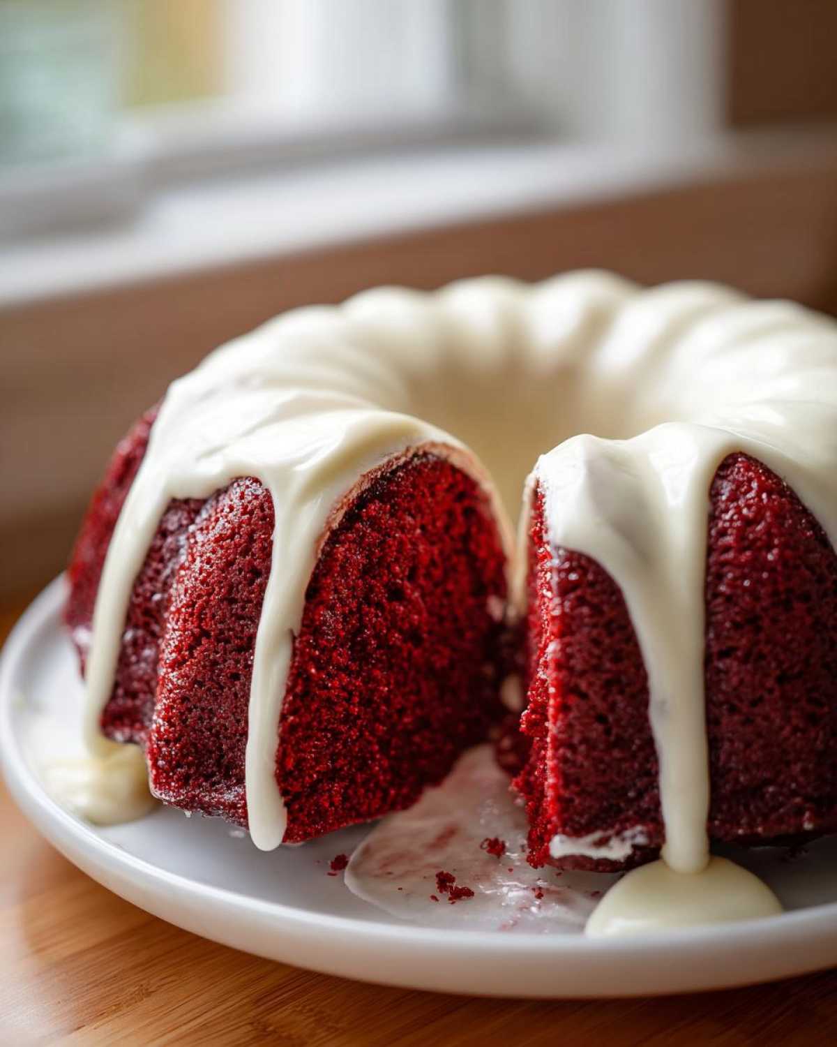 A vibrant red velvet bundt cake, cut to show the texture, topped with thick white cream cheese glaze.
