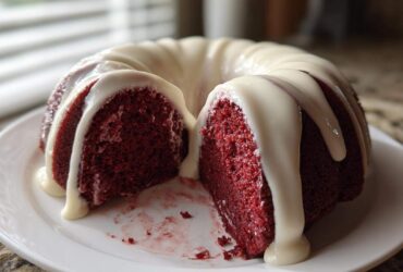 A rich, deep red velvet bundt cake, sliced open and drizzled generously with white cream cheese glaze.