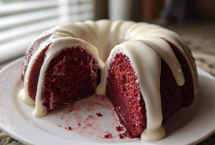 A rich, deep red velvet bundt cake, sliced open and drizzled generously with white cream cheese glaze.
