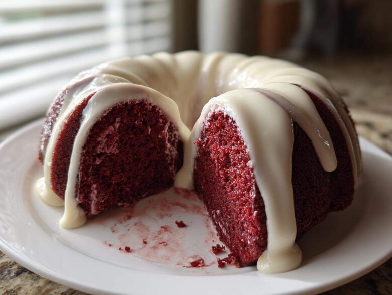 A rich, deep red velvet bundt cake, sliced open and drizzled generously with white cream cheese glaze.