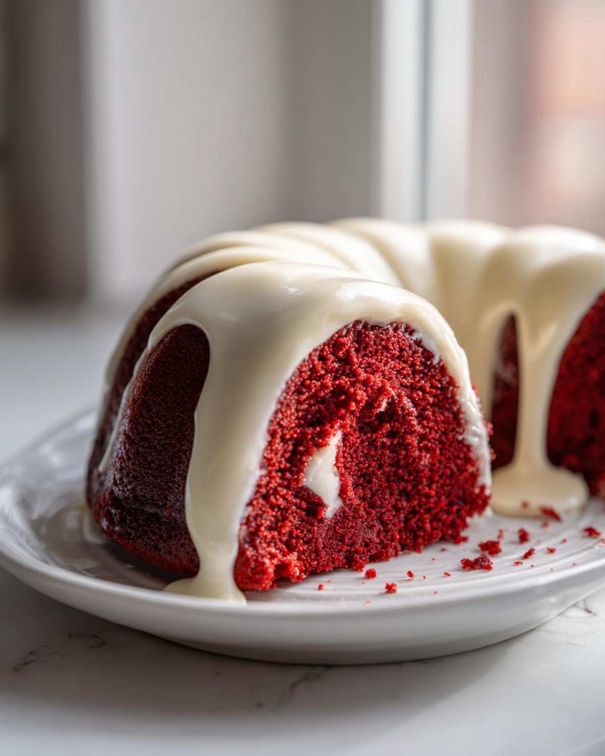 Close-up of a slice of vibrant red velvet bundt cake drizzled with thick white cream cheese glaze.