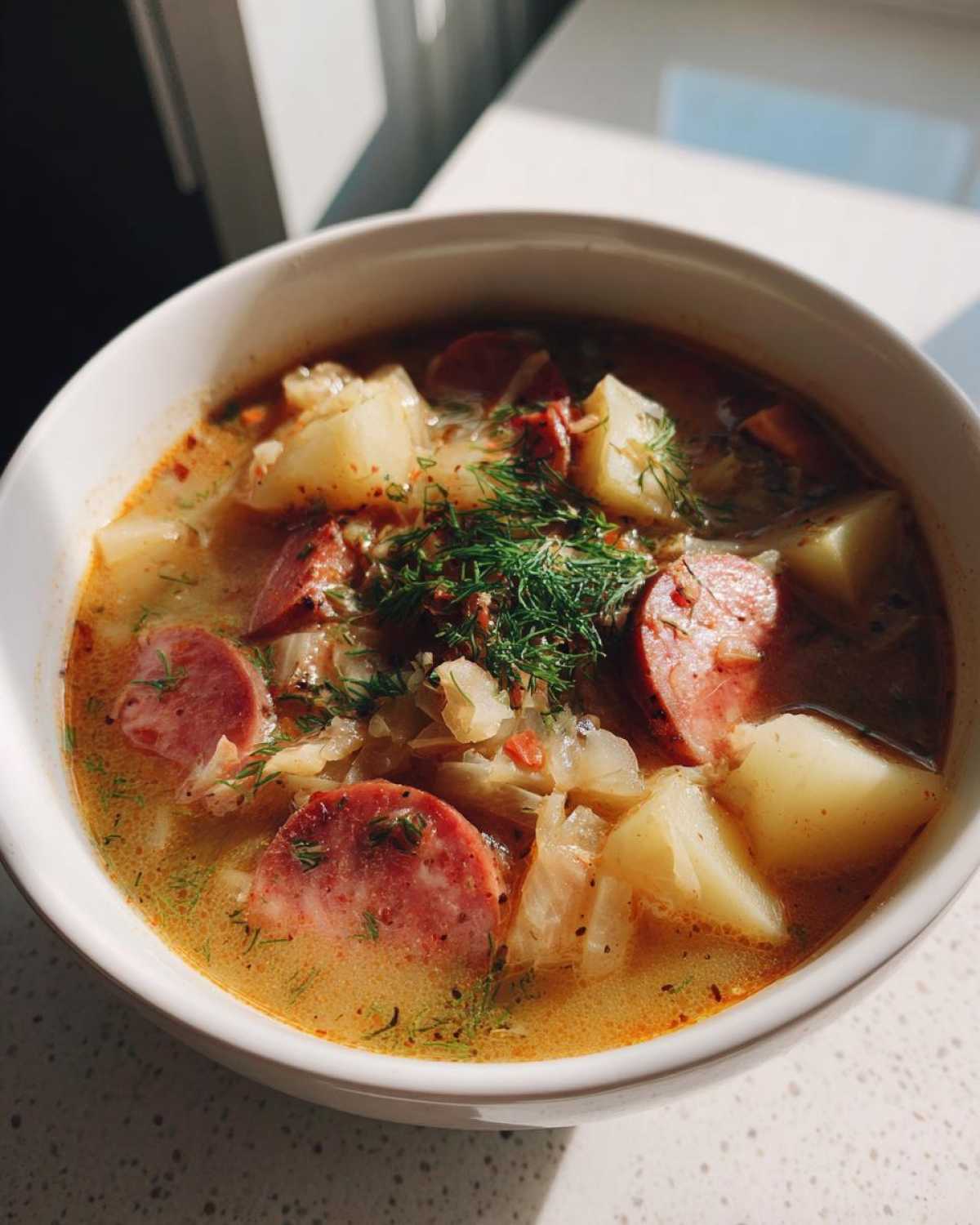 Close-up of a white bowl filled with rich sauerkraut soup, featuring slices of smoked sausage, large potato chunks, and fresh dill garnish.