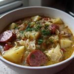 Close-up of a white bowl filled with creamy sauerkraut soup, featuring chunks of potato, sliced smoked sausage, and fresh dill.
