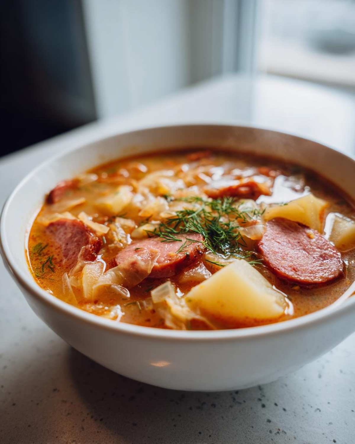 Close-up of a steaming white bowl filled with rich sauerkraut soup, featuring slices of smoked sausage, potatoes, and fresh dill.