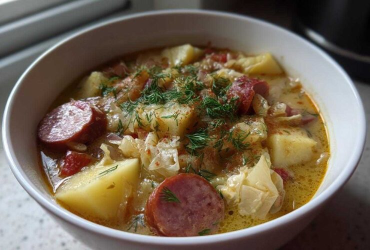 Close-up of a white bowl filled with creamy sauerkraut soup, featuring chunks of potato, sliced smoked sausage, and fresh dill.