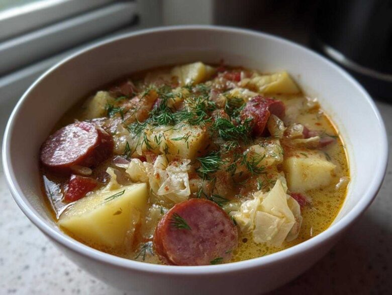 Close-up of a white bowl filled with creamy sauerkraut soup, featuring chunks of potato, sliced smoked sausage, and fresh dill.