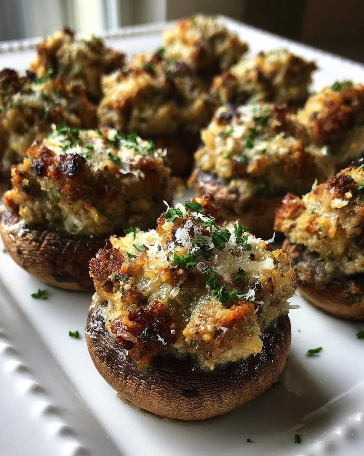 Close-up of baked sausage stuffed mushrooms topped with melted cheese and fresh parsley on a white platter.