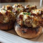Close-up of baked sausage stuffed mushrooms with browned, cheesy tops garnished with herbs.