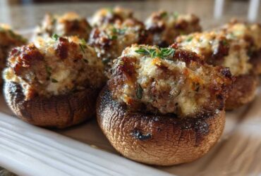 Close-up of baked sausage stuffed mushrooms with browned, cheesy tops garnished with herbs.