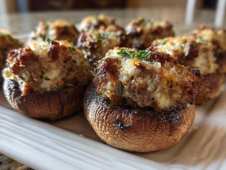 Close-up of baked sausage stuffed mushrooms with browned, cheesy tops garnished with herbs.