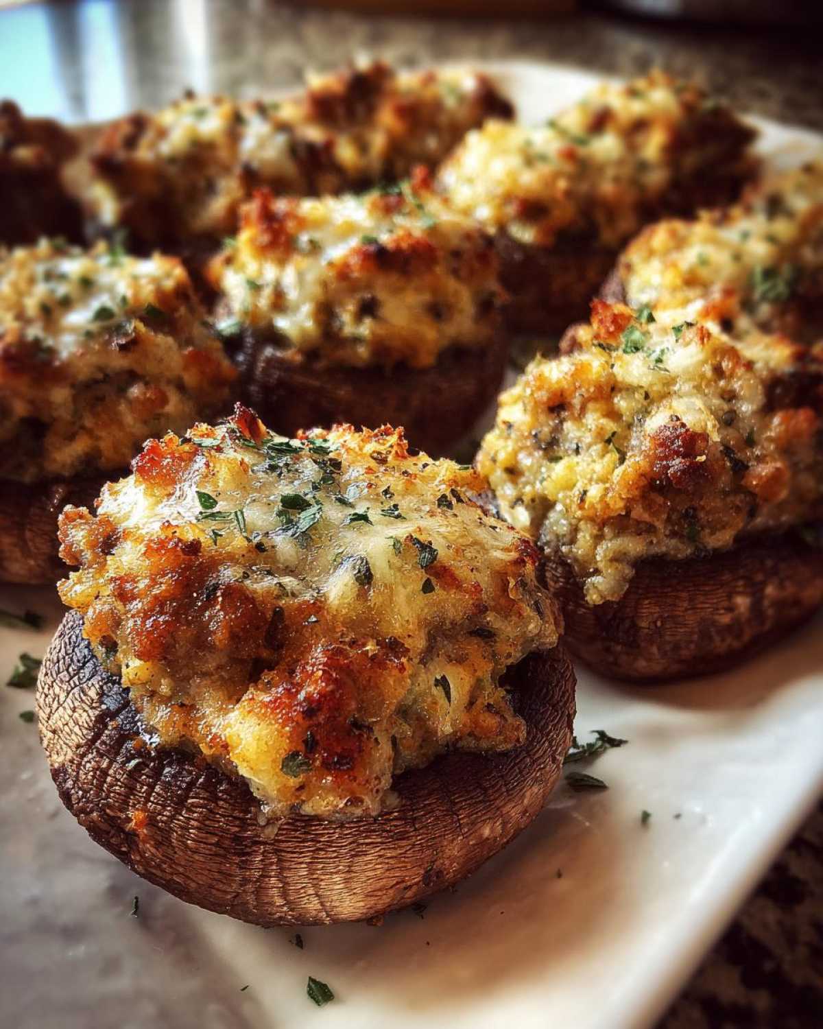 Close-up of golden-brown sausage stuffed mushrooms topped with melted cheese and parsley.