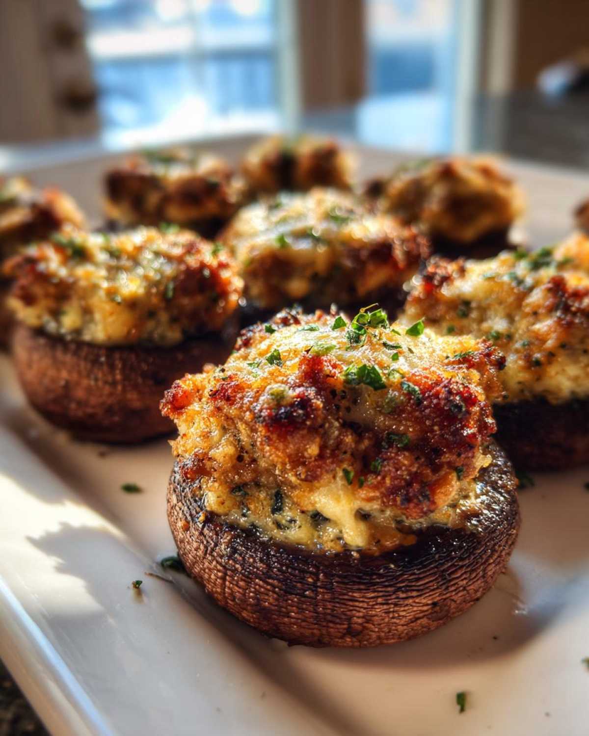 Close-up of perfectly baked sausage stuffed mushrooms topped with melted cheese and parsley.