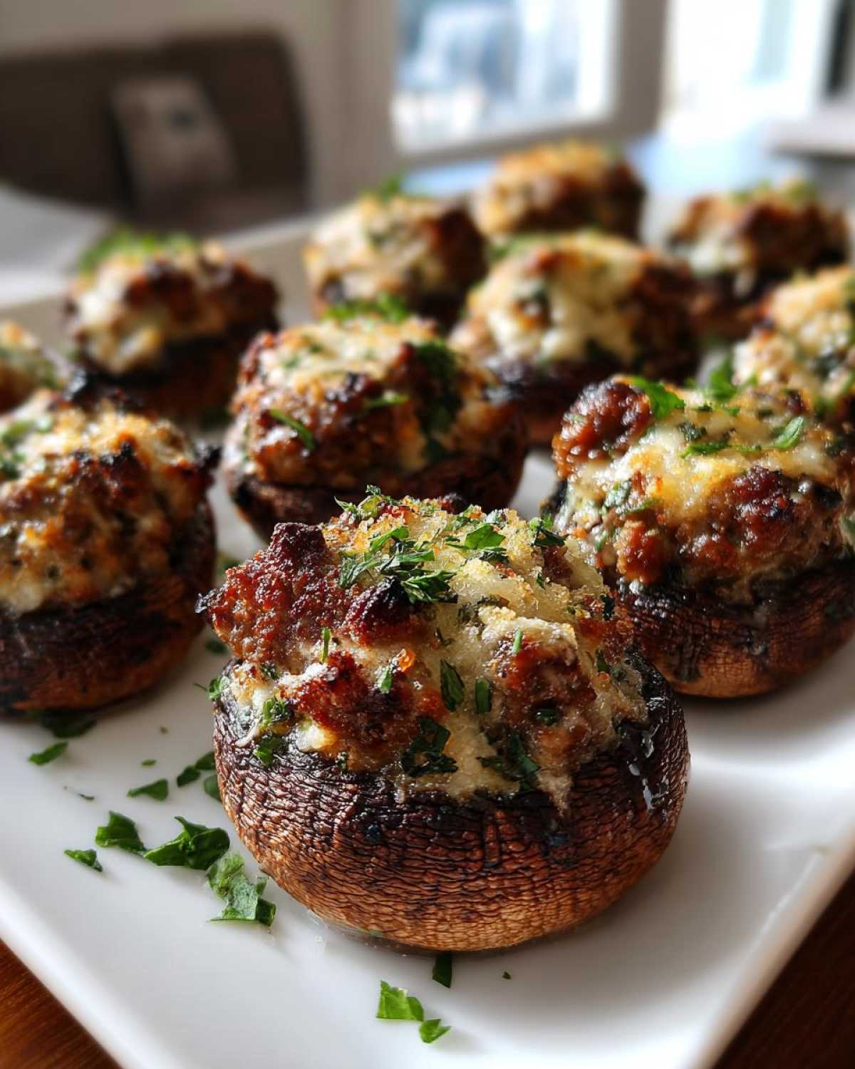 Close-up of baked sausage stuffed mushrooms topped with melted cheese and fresh parsley on a white plate.