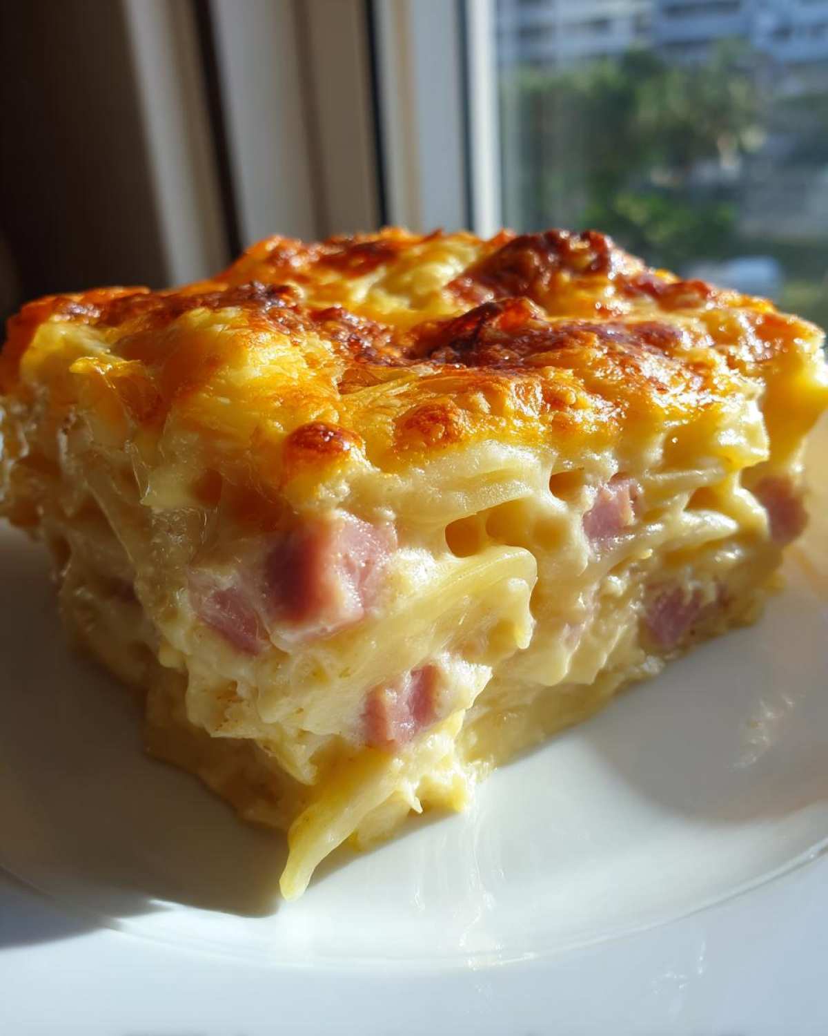 Close-up of a single, square bite of scalloped potatoes and ham with a bubbly, browned cheese topping.