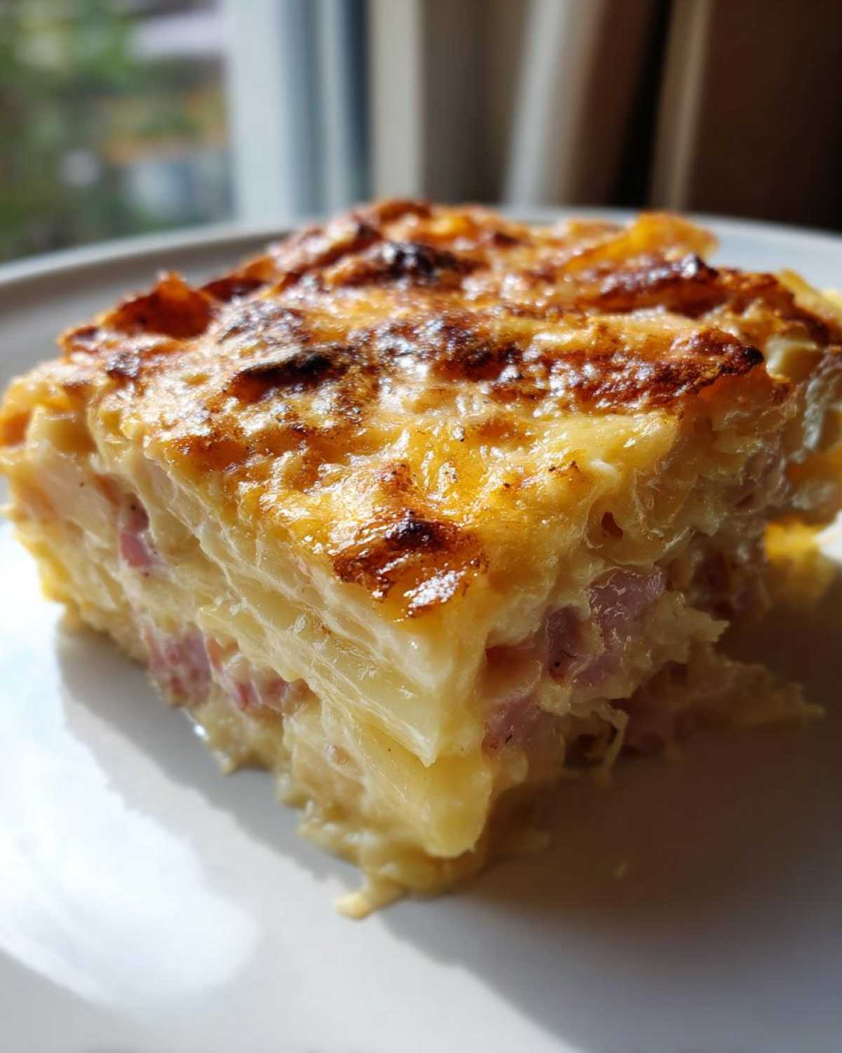 A close-up of a square serving of cheesy scalloped potatoes and ham with a golden-brown, bubbly top.