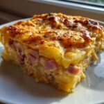 Close-up of a square portion of scalloped potatoes and ham baked into a cheesy, golden-brown bite.