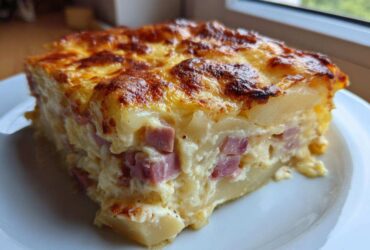 A square portion of cheesy scalloped potatoes and ham bites with a golden, bubbly top crust.