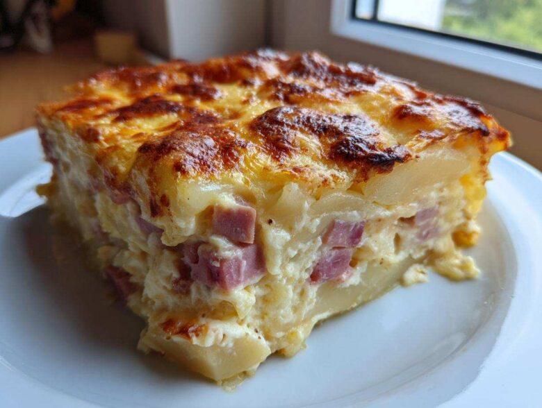 A square portion of cheesy scalloped potatoes and ham bites with a golden, bubbly top crust.