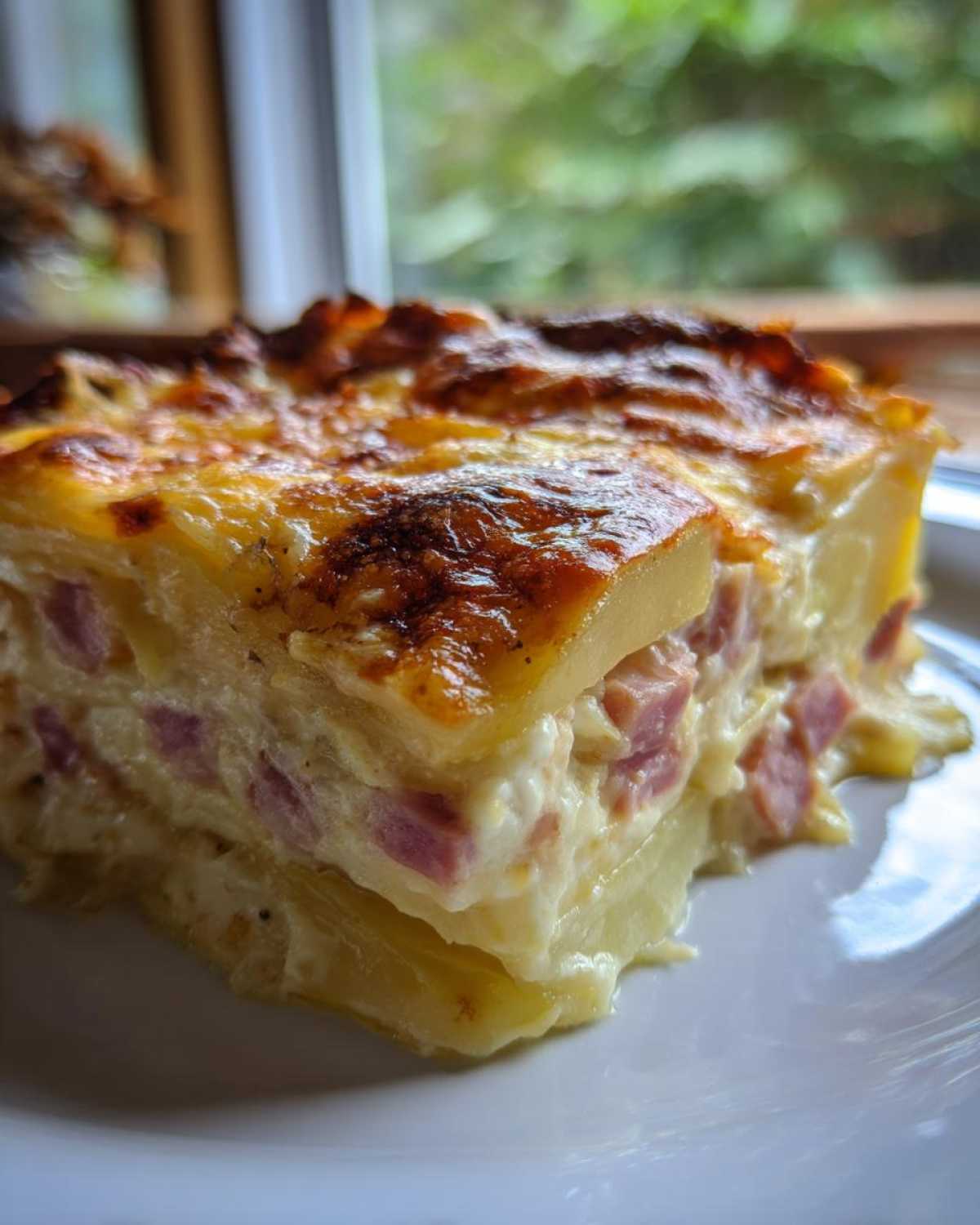 Close-up of a rich, layered slice of scalloped potatoes and ham with a golden, bubbly, browned cheese crust.