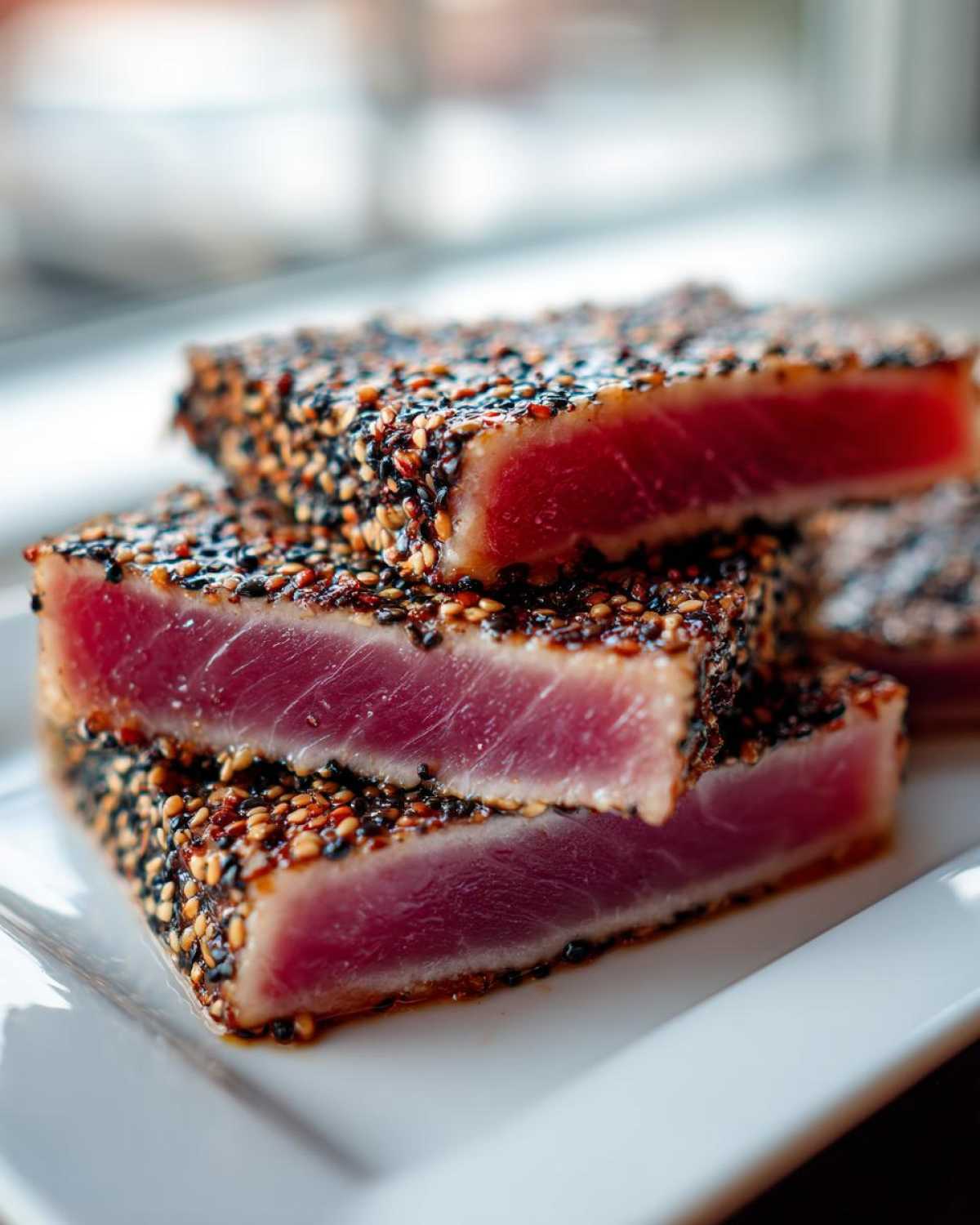 Close-up of perfectly seared Ahi Tuna steaks crusted with black and white sesame seeds, showing a rare, vibrant red center.