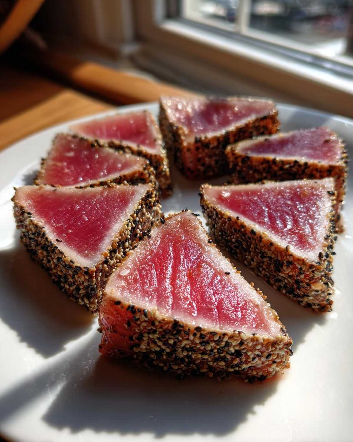 Slices of perfectly seared ahi tuna, crusted with black and white sesame seeds, showing a rare, bright red center.